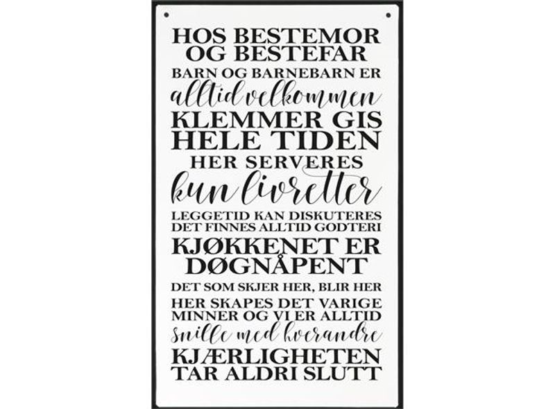 Metallskilt Barnebarnregler med tekst hvit 16x27cm