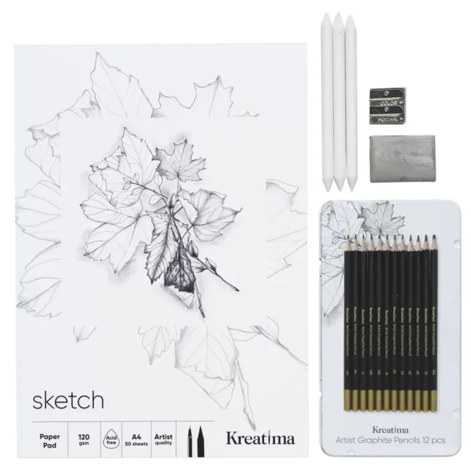 Hovedbilde Kunstnersett med skisseblokk, blyanter og ...